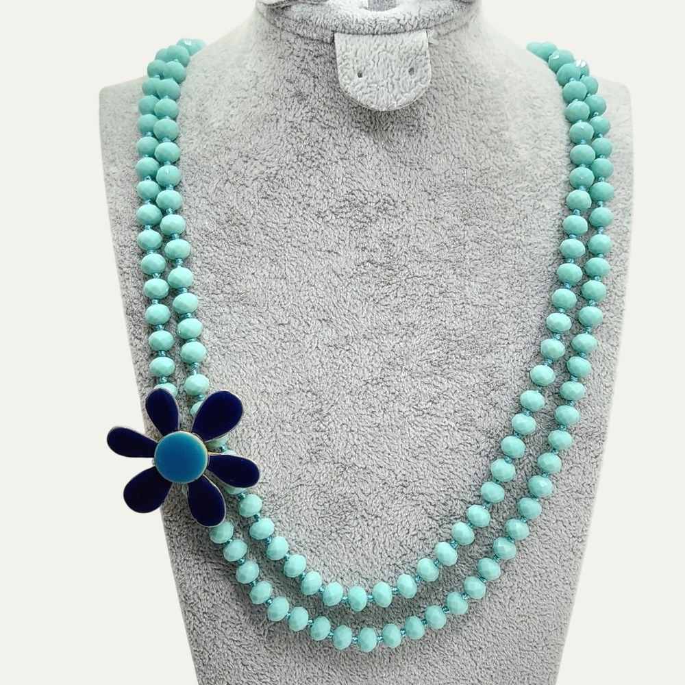 Vintage‎ Turquoise Faceted Glass Bead Knotted 60 Inch Flapper Necklace Pin